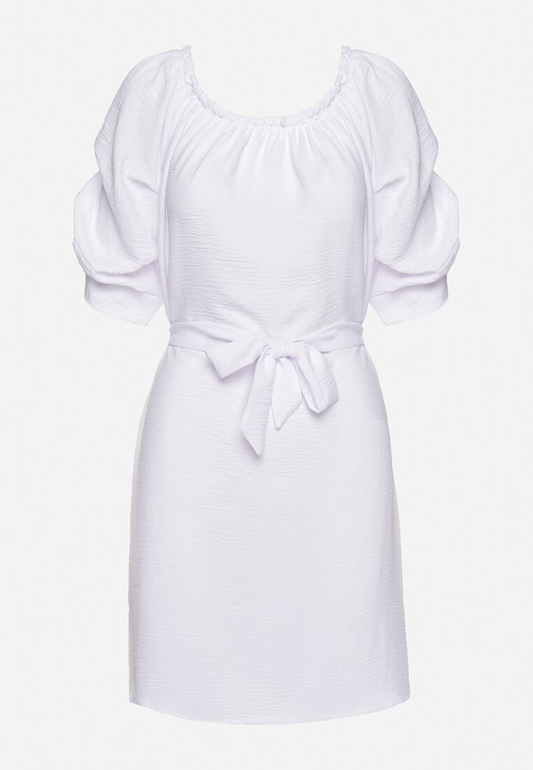 Biała Trapezowa Sukienka Mini z Paskiem i Bufiastymi Rękawami Iriandel