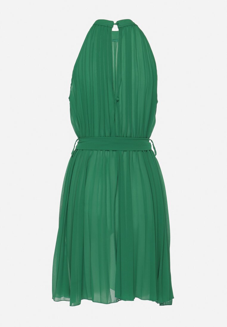Zielona Plisowana Sukienka Mini z Materiałowym Paskiem z Zapięciem przy Karku Xaliarra