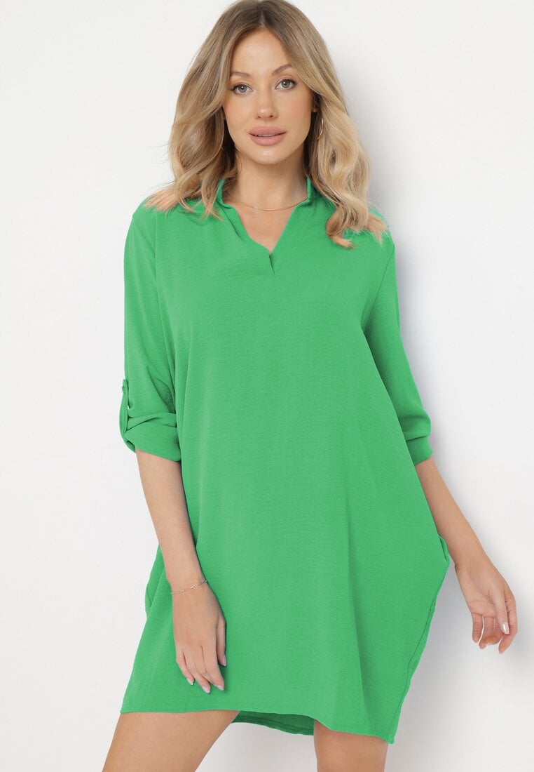 Zielona Sukienka Koszulowa o Rozkloszowanym Fasonie Neoriana