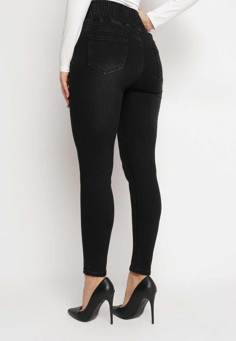 Czarne Jeansy Skinny z Elastyczną Wysoką Talią z Marszczeniem Erindela