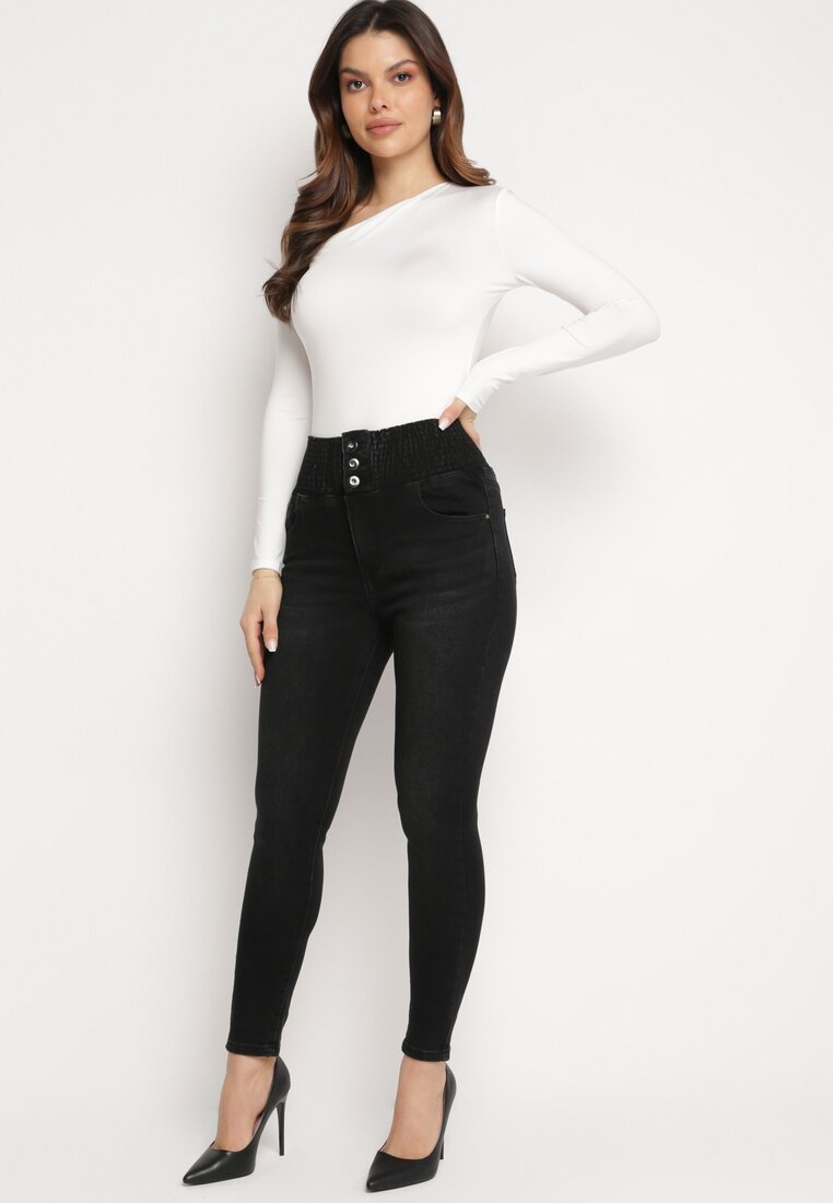 Czarne Jeansy Skinny z Elastyczną Wysoką Talią z Marszczeniem Erindela