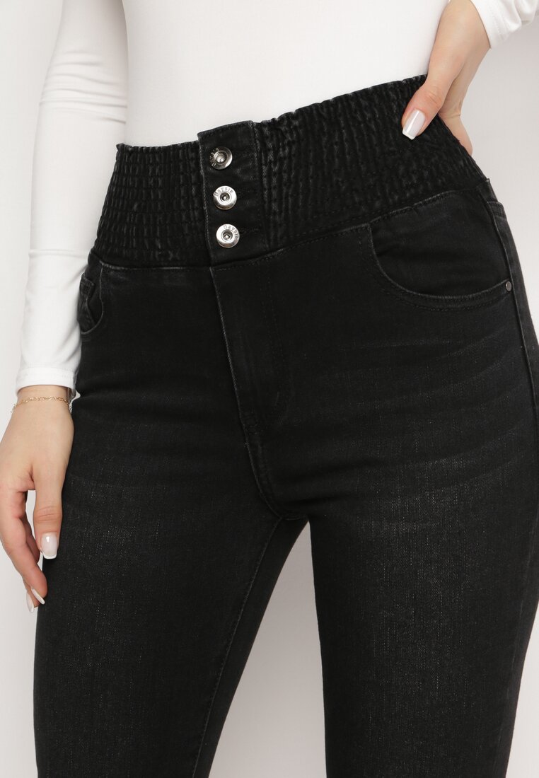 Czarne Jeansy Skinny z Elastyczną Wysoką Talią z Marszczeniem Erindela