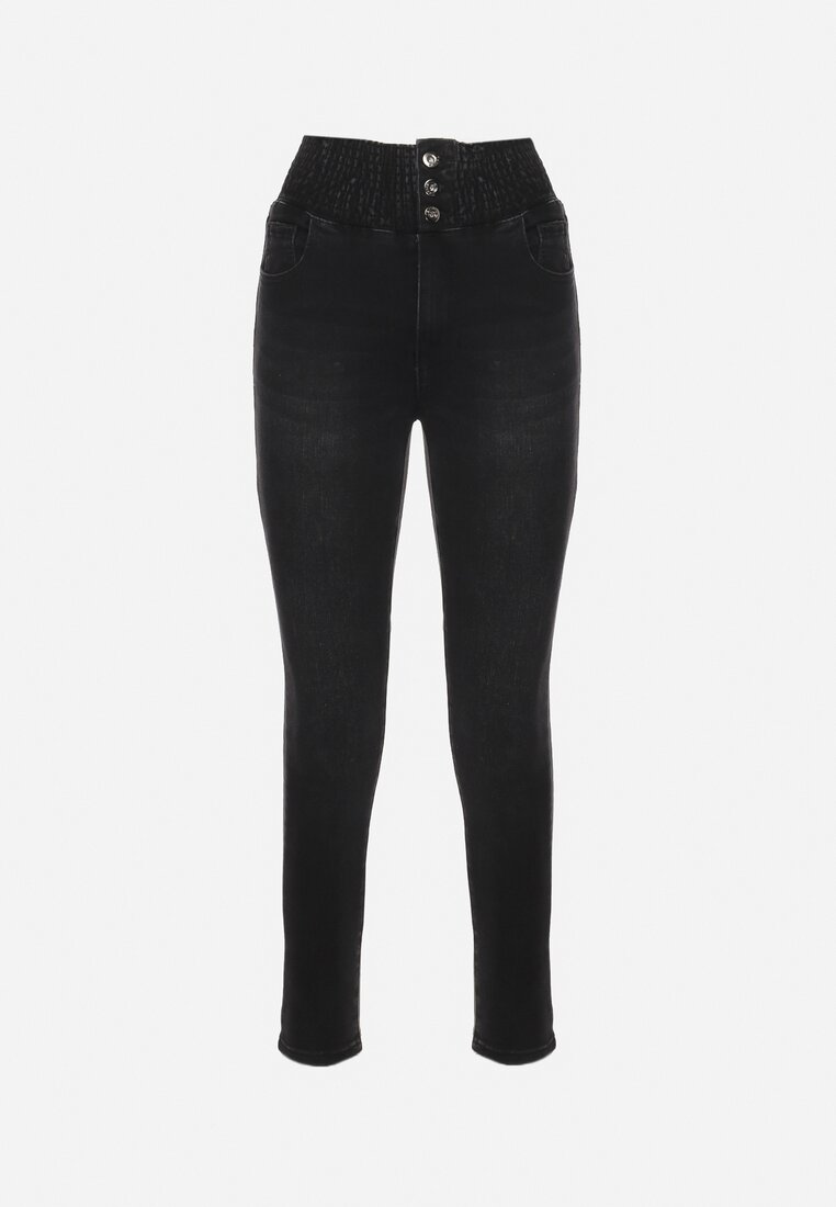 Czarne Jeansy Skinny z Elastyczną Wysoką Talią z Marszczeniem Erindela
