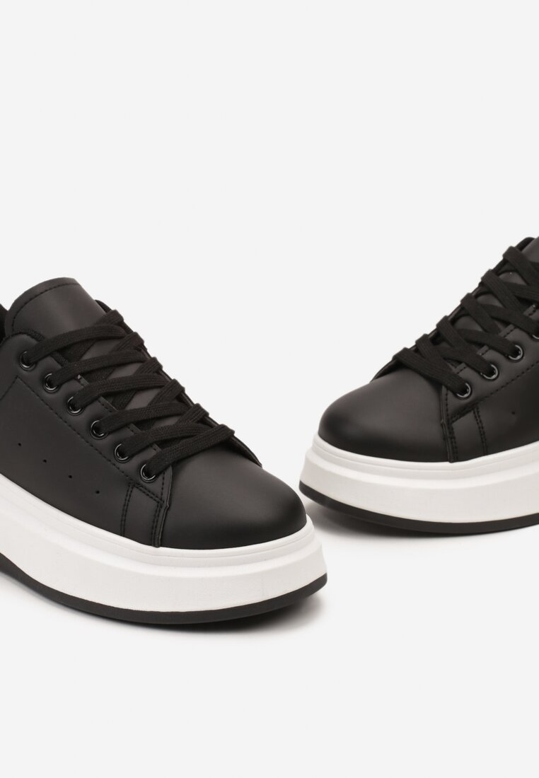 Czarne Sneakersy z Ekoskóry na Platformie ze Sznurowaniem Telretia
