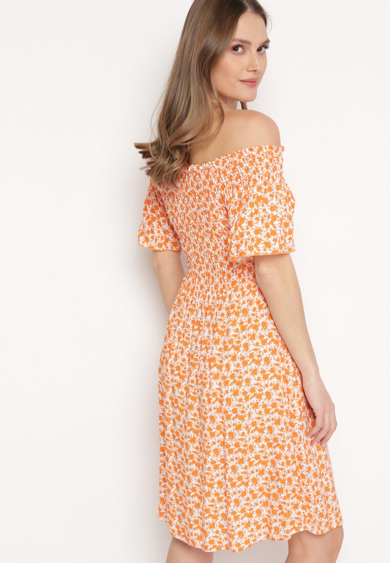 Pomarańczowa Wiskozowa Sukienka Mini z Hiszpańskim Dekoltem w Kwiatowy Print Ijorilda