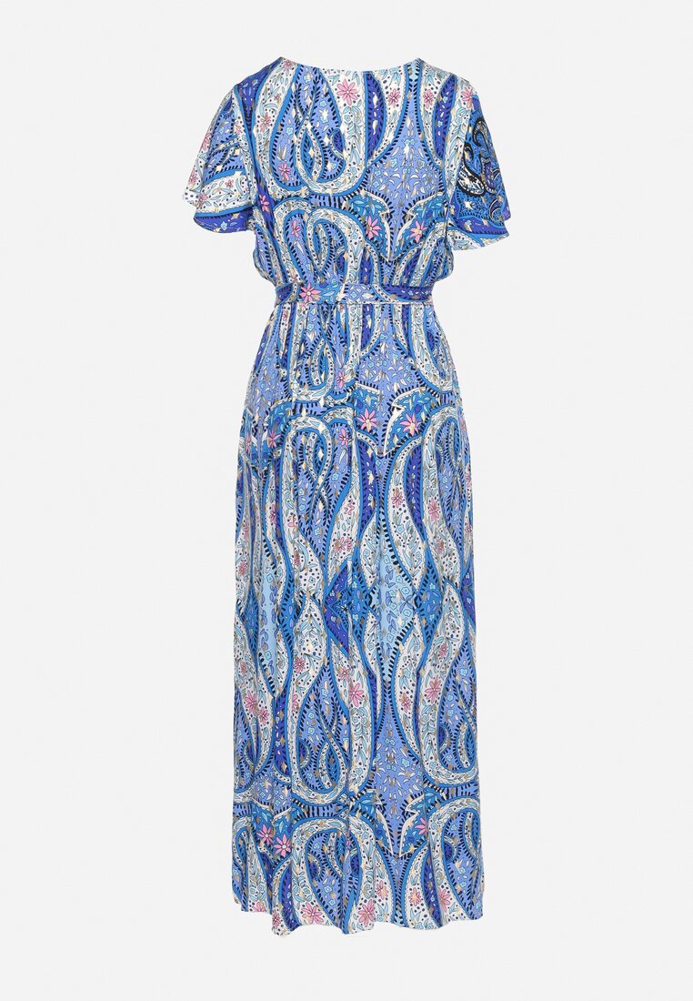 Niebieska Długa Sukienka z Wiskozy z Kopertową Górą i Geometrycznym Wzorem Amareth