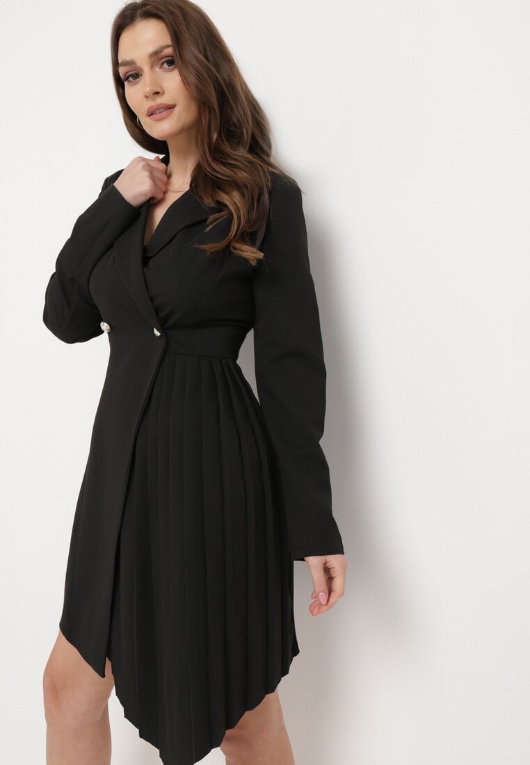 Czarna Rozkloszowana Sukienka Mini z Kopertową Górą i Plisami na Dole Lontasa