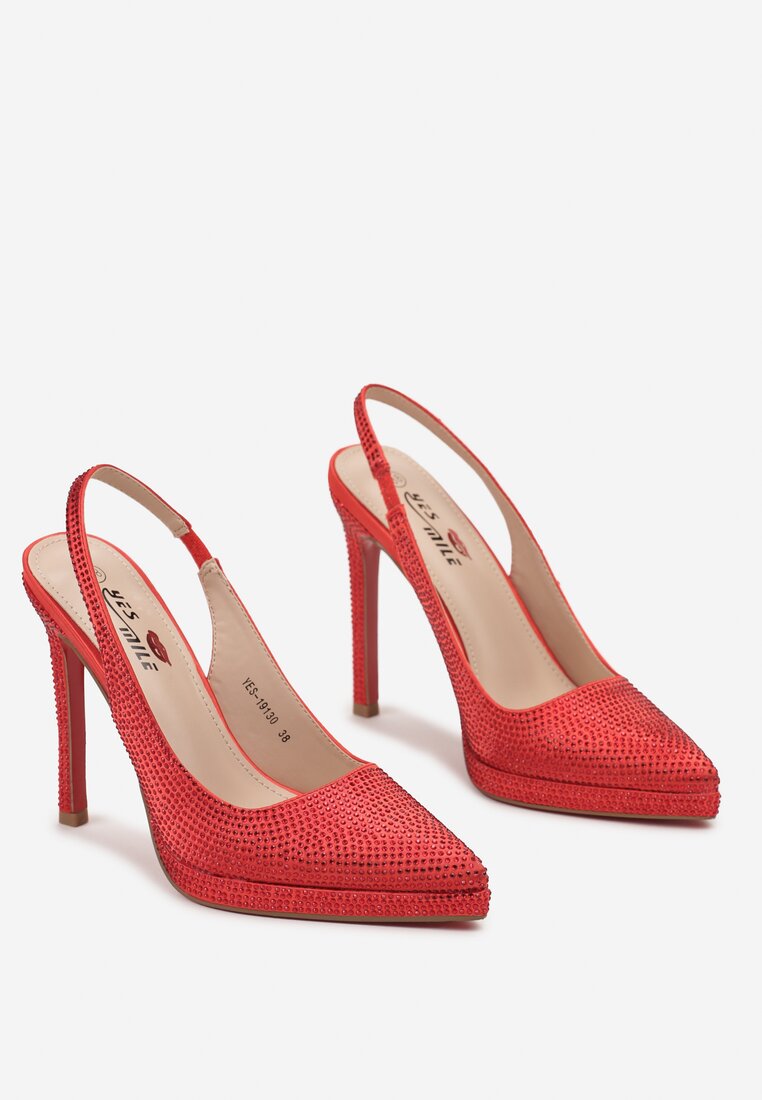 Czerwone Wsuwane Sandały na Szpilce z Noskiem w Szpic Zdobione Cyrkoniami Milaica
