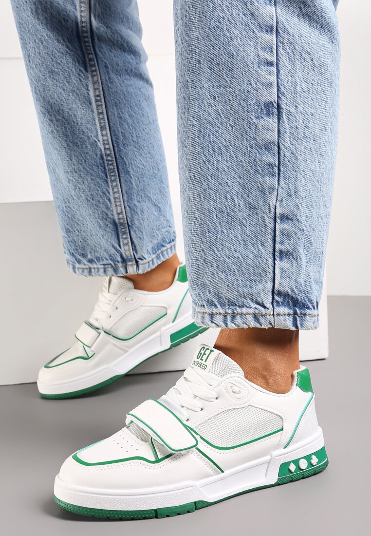 Biało-Zielone Sneakersy przed Kostkę z Paskiem na Rzep i Ozdobnymi Przeszyciami Elicela