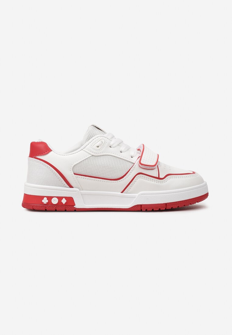 Biało-Czerwone Sneakersy przed Kostkę z Paskiem na Rzep i Ozdobnymi Przeszyciami Elicela