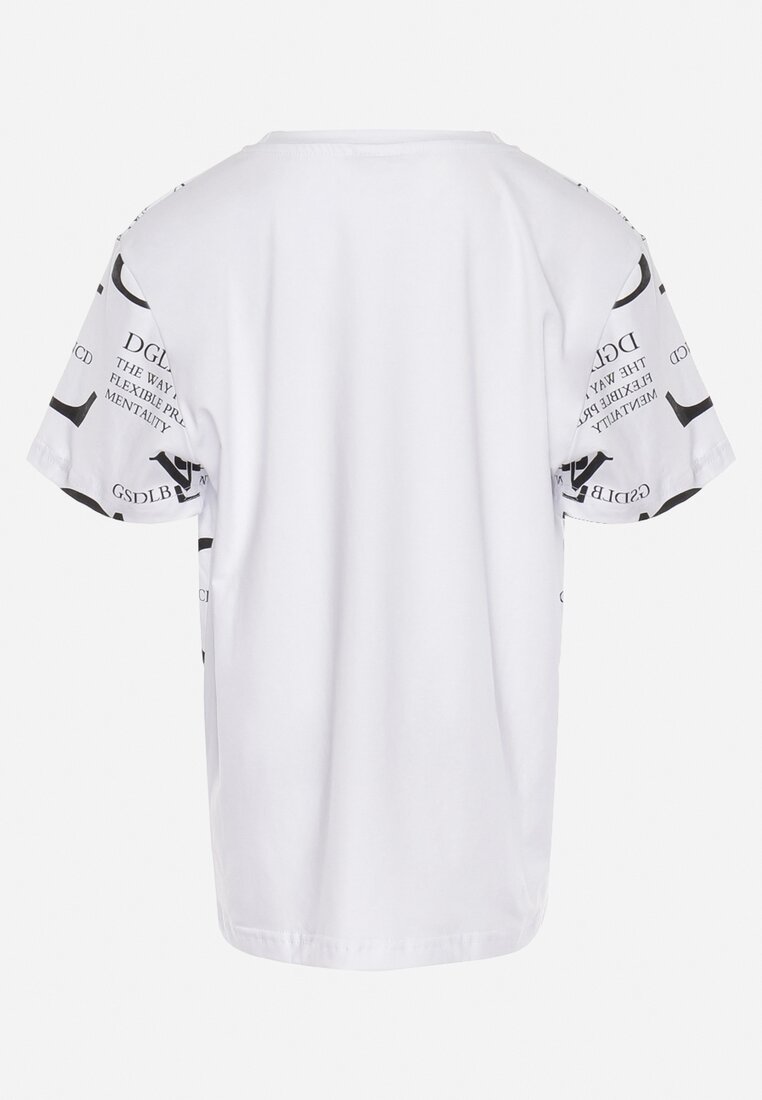 Biała Bawełniana Koszulka T-shirt z Nadrukiem w Literki i Napisy z Przodu Newlogia