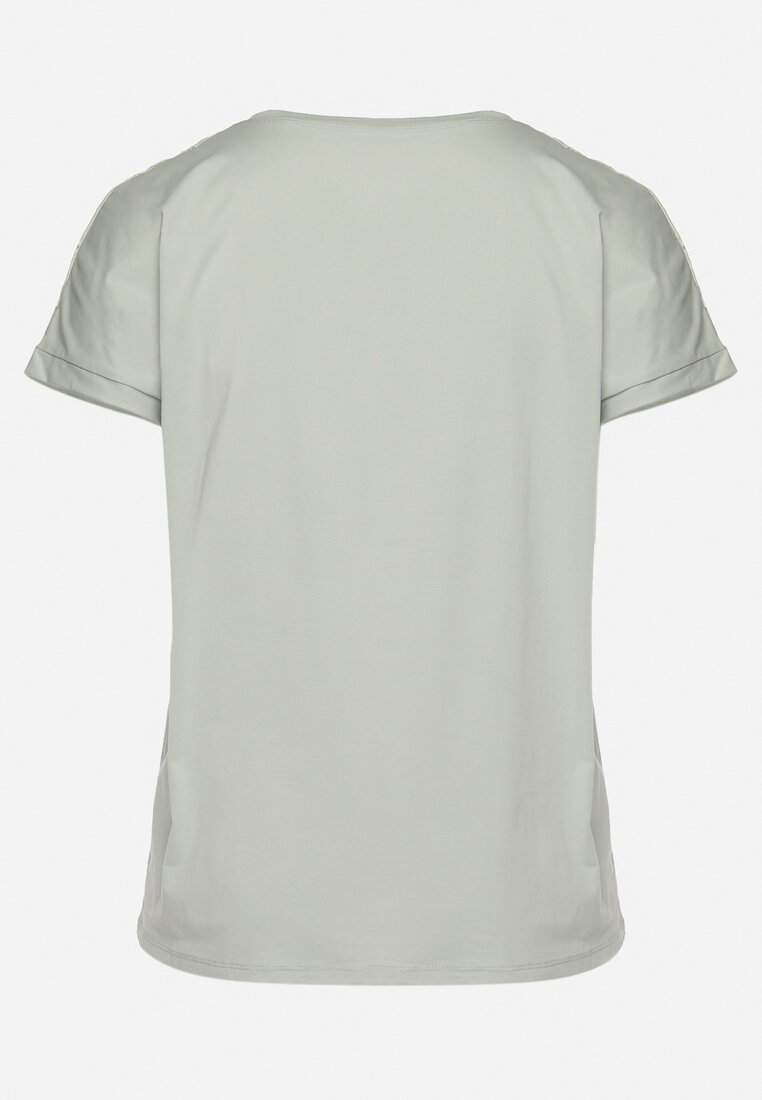 Miętowy Bawełniany T-shirt z Nadrukiem z Przodu Salaura