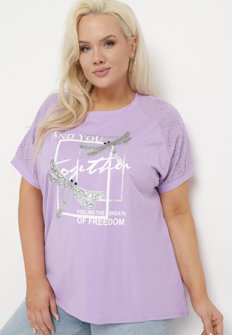 Jasnofioletowy Bawełniany T-shirt z Nadrukiem z Przodu Salaura
