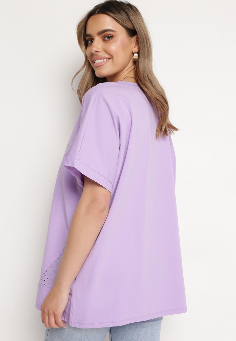 Fioletowy Bawełniany T-shirt z Nadrukiem i Haftowanymi Wstawkami Varetias