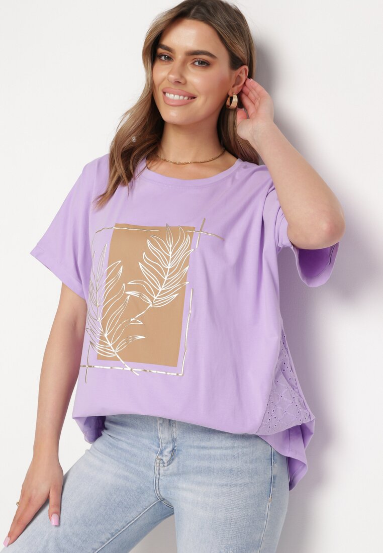Fioletowy Bawełniany T-shirt z Nadrukiem i Haftowanymi Wstawkami Varetias