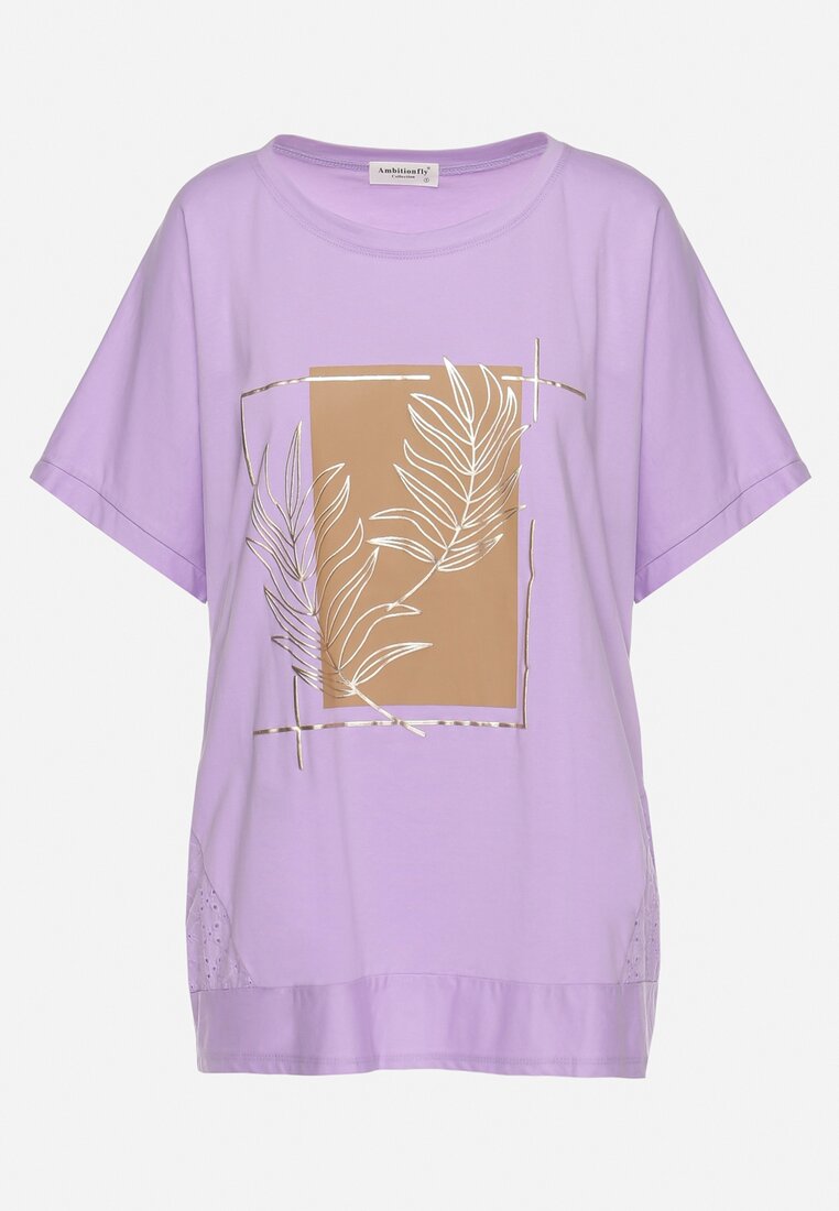 Fioletowy Bawełniany T-shirt z Nadrukiem i Haftowanymi Wstawkami Varetias