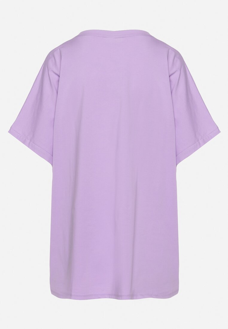 Fioletowy Bawełniany T-shirt z Nadrukiem i Haftowanymi Wstawkami Varetias