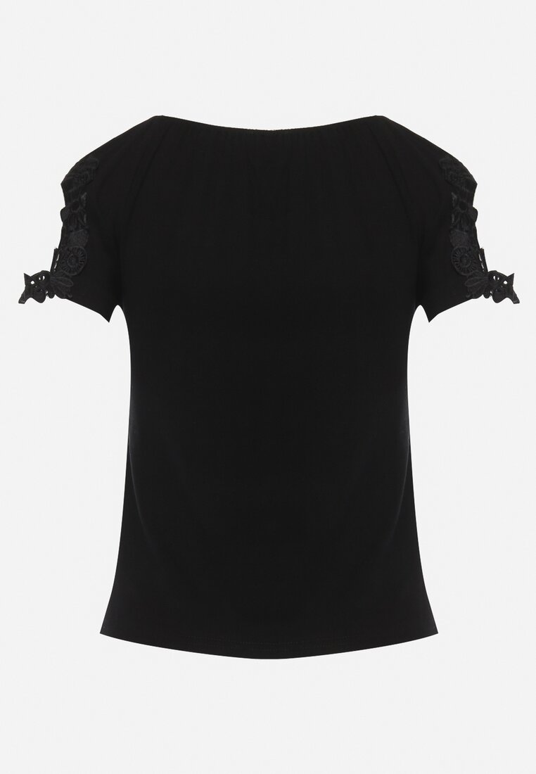 Czarny Bawełniany T-shirt z Koronką i Wycięciami na Rękawach Imilalca