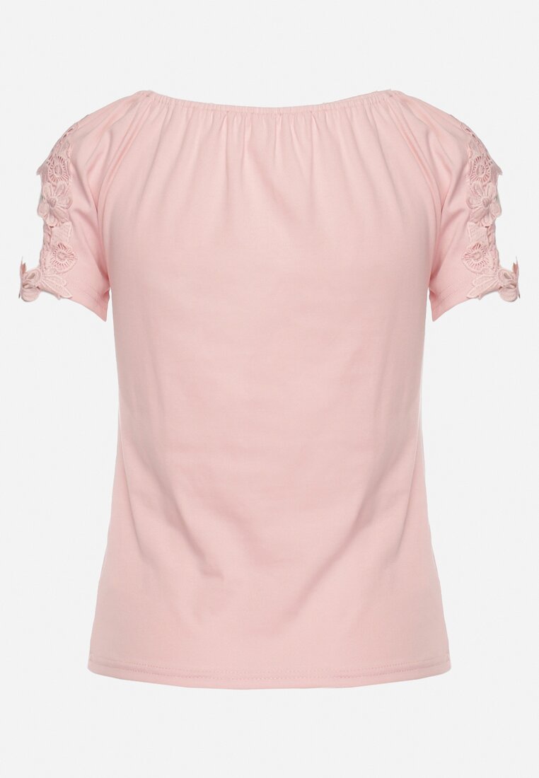 Różowy Bawełniany T-shirt z Koronką i Wycięciami na Rękawach Imilalca