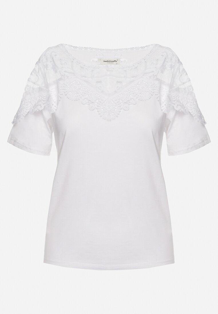 Biały T-shirt Bawełniany z Koronkową Górą Naroca