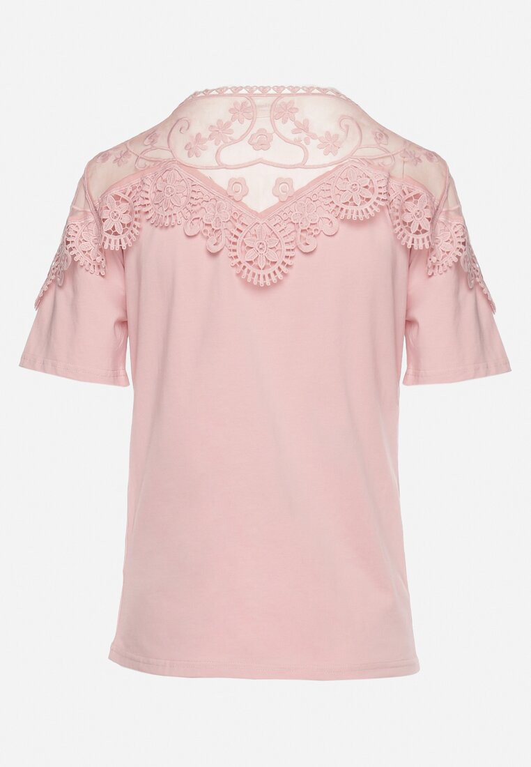 Różowy T-shirt Bawełniany z Koronkową Górą Naroca