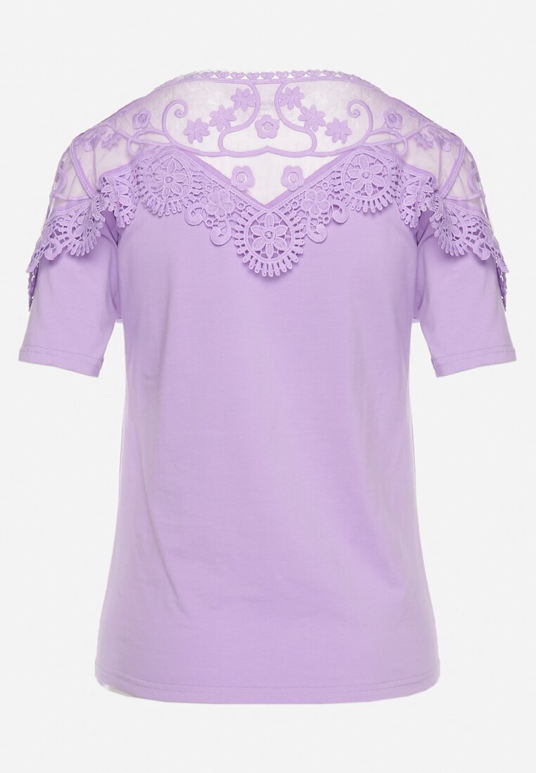 Fioletowy T-shirt Bawełniany z Koronkową Górą Naroca