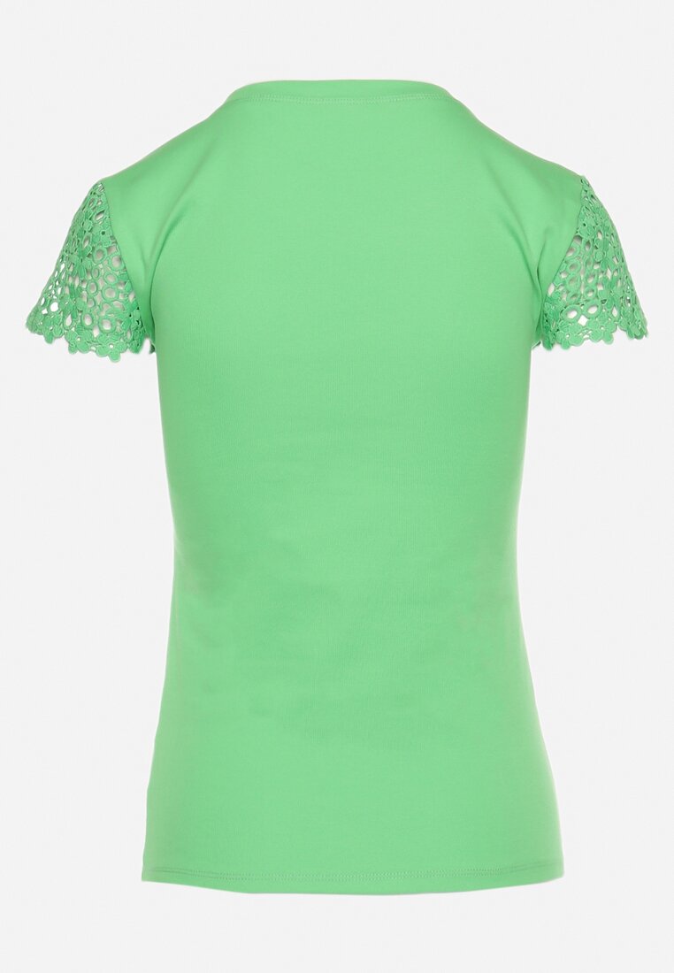 Zielony Bawełniany T-shirt z Koronkowymi Rękawami i Serduszkiem z Cyrkonii Wleddia