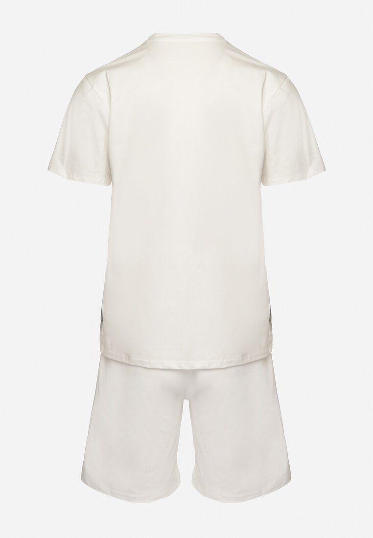 Biały Bawełniany Komplet Dresowy Koszulka z Nadrukiem i Szorty z Kieszeniami Bezbia