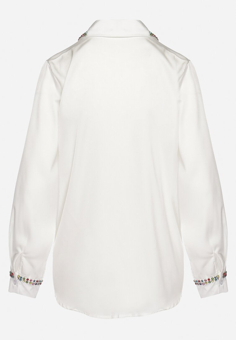 Biała Koszula z Ozdobnym Kołnierzykiem z Ćwiekami i Cyrkoniami Aiatla