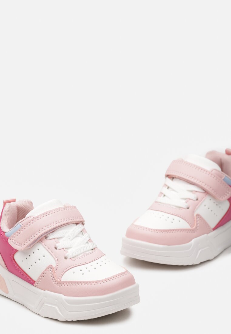 Różowo-Białe Buty Sportowe Sneakersy z Perforacją i Przeszyciami na Rzep Voletisa