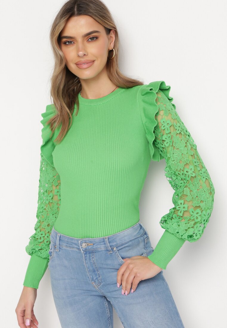Zielony Sweter z Koronką i Bufiastym Rękawem Aelertes
