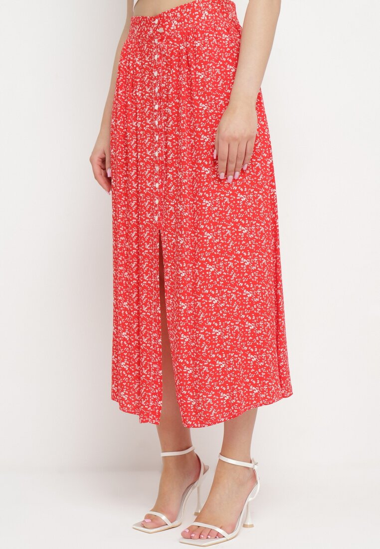 Czerwona Spódnica Maxi w Kwiatowy Print z Guziczkami Kasphine