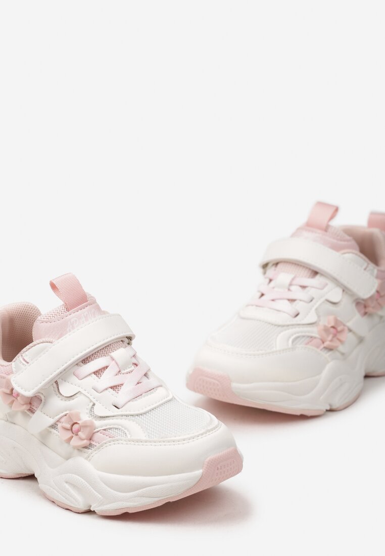 Różowo-Białe Buty Sportowe Sneakersy z Aplikacjami w Kształcie Kokardek Delhpin