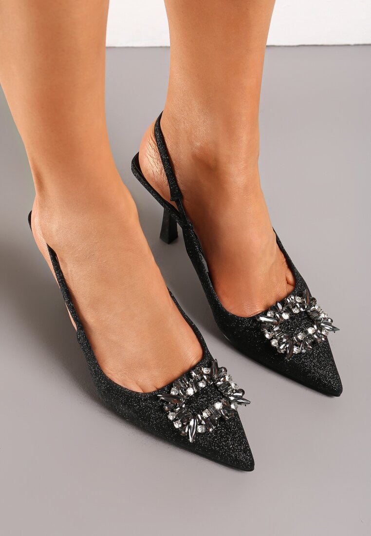Czarne Brokatowe Sandały na Szpilce z Noskiem w Szpic z Biżuteryjną Klamrą Fanlira