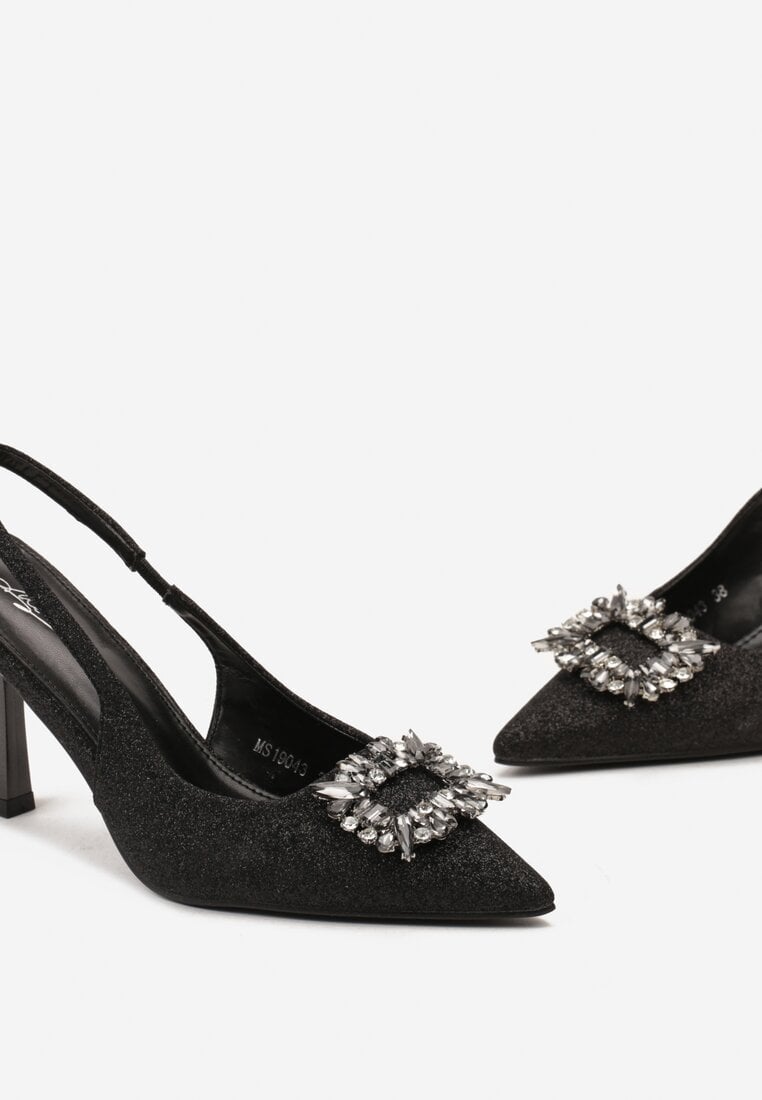 Czarne Brokatowe Sandały na Szpilce z Noskiem w Szpic z Biżuteryjną Klamrą Fanlira