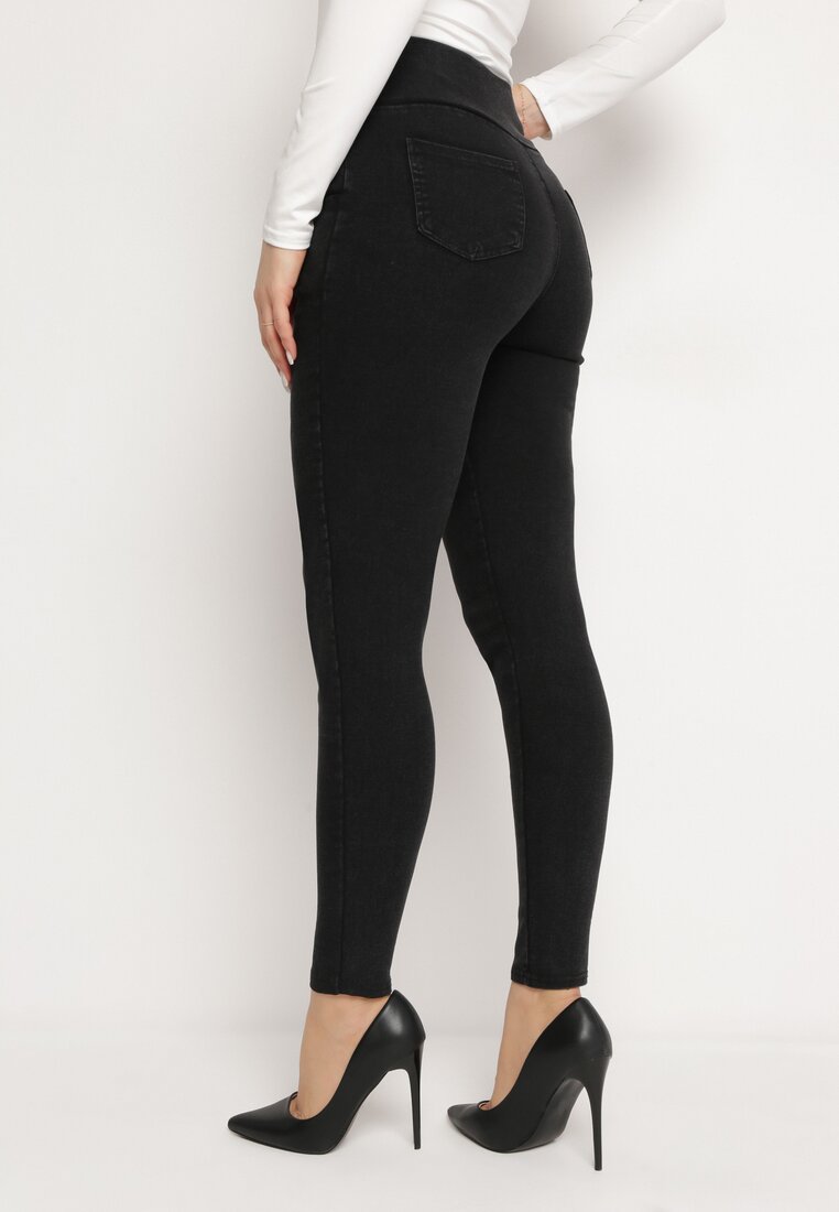 Czarne Spodnie Jeansowe z Wysoką Talią Paper Bag z Guzikami Prilia