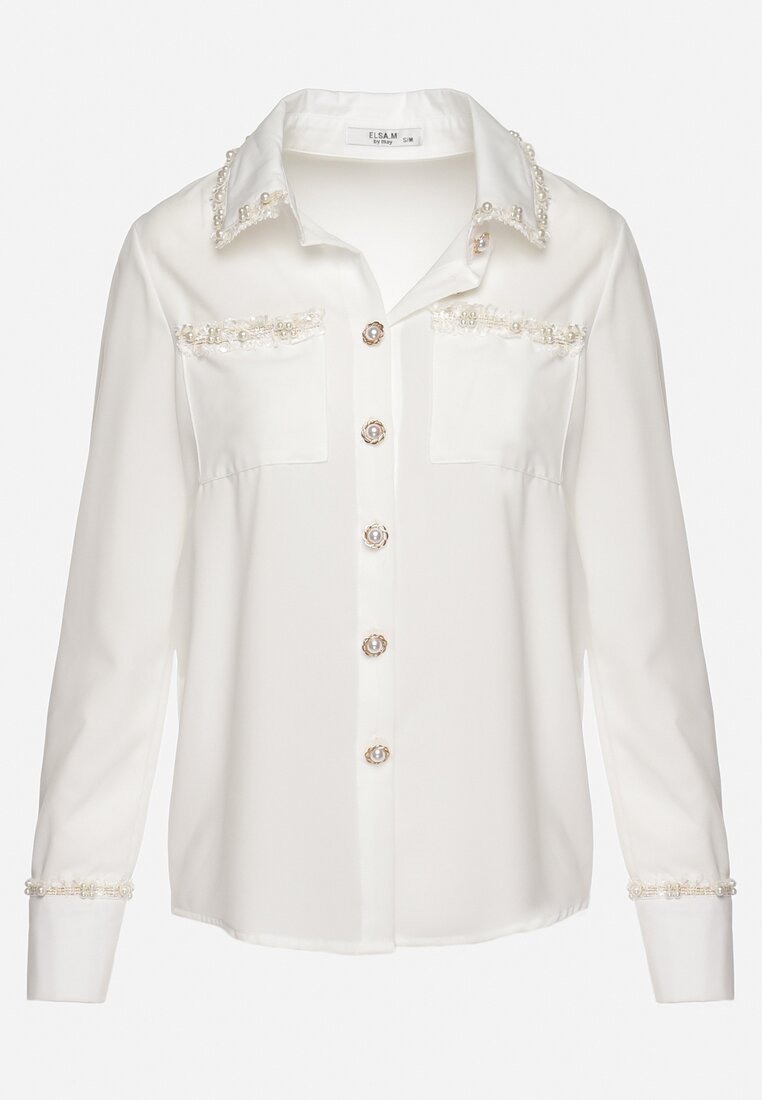 Biała Koszula o Klasycznym Fasonie z Perełkami Novellia