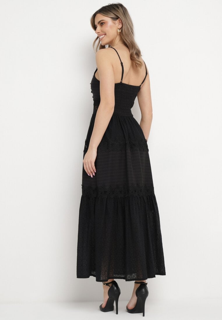 Czarna Bawełniana Sukienka Maxi z Rozkloszowanym Dołem i Ażurową Talią Fidelma