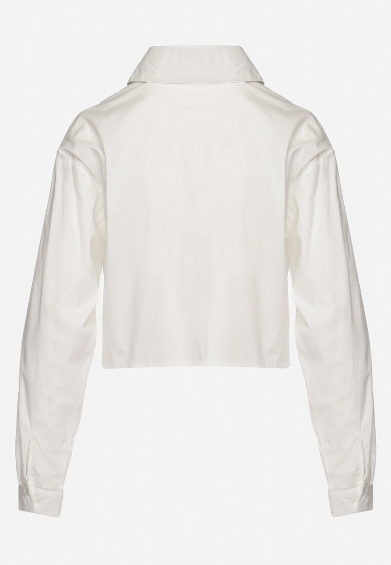Biała Bawełniana Koszula o Krótkim Fasonie z Ażurowym Wykończeniem Leama