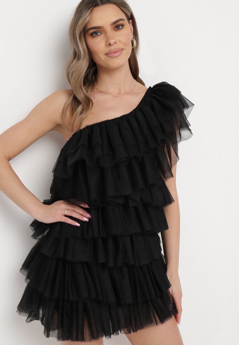 Czarna Sukienka Mini na Jedno Ramię Asymetryczna z Falbankami Nomenta
