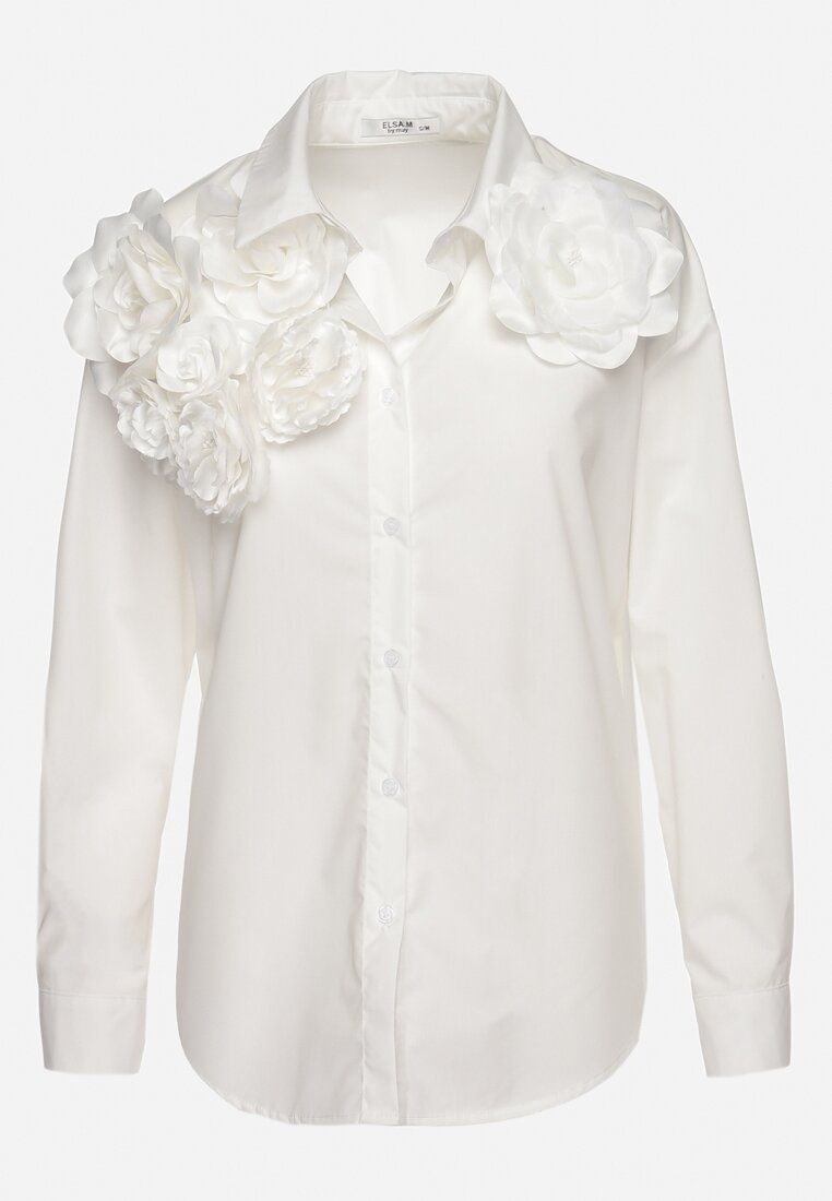 Biała Koszula z Ozdobnymi Naszytymi Kwiatami Ernna