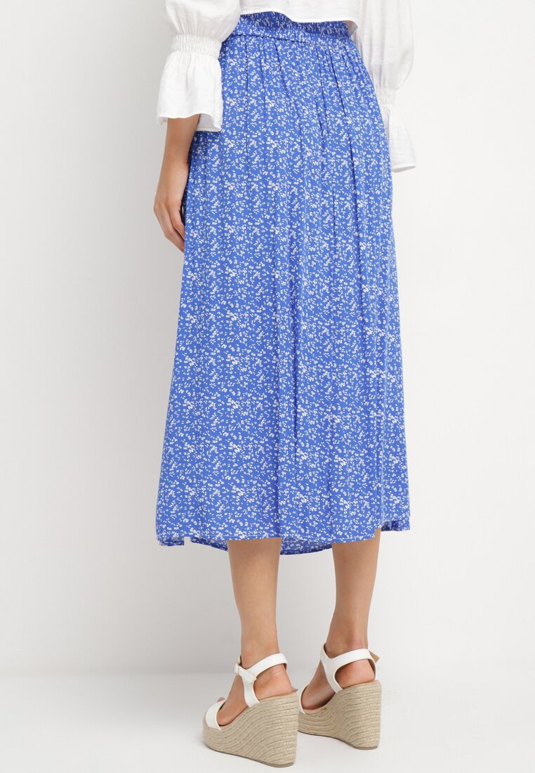 Niebieska Wiskozowa Spódnica Maxi w Kwiatowy Print Rozkloszowana Verdandi