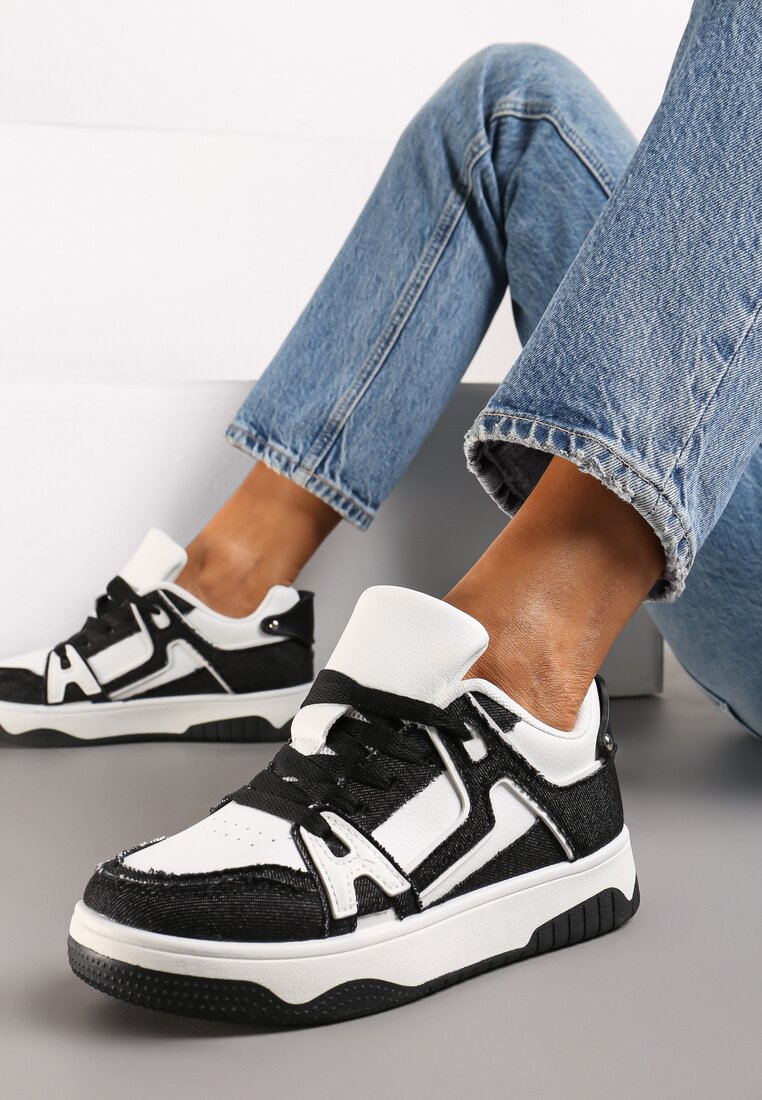 Czarno-Białe Sneakersy z Jeansowymi Wstawkami Asailla