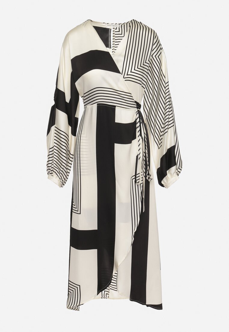 Beżowo-Czarna Sukienka Kopertowa Kimono z Geometrycznym Wzorem i Wiązanym Paskiem Klerossa