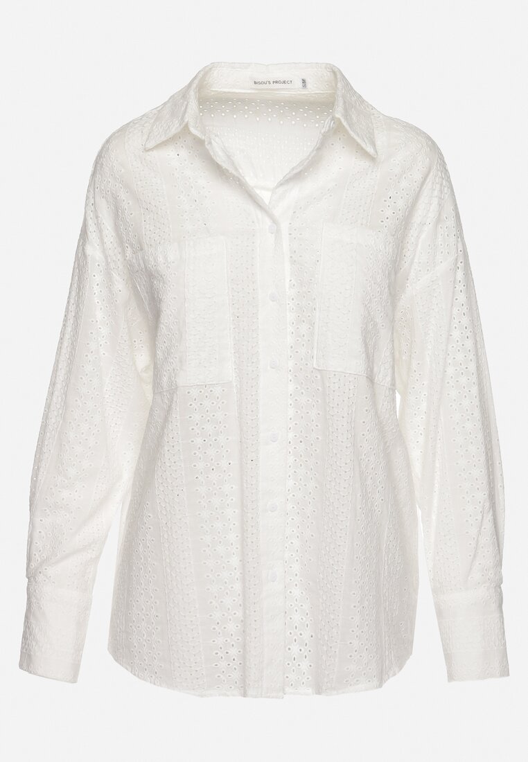Biała Wiskozowa Koszula w Ażurowy Wzór Asaimes