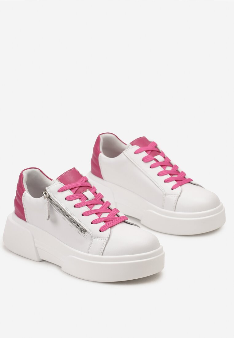 Biało-Różowe Sneakersy ze Skóry Naturalnej na Platformie Ozdobione Suwakiem Jugeria