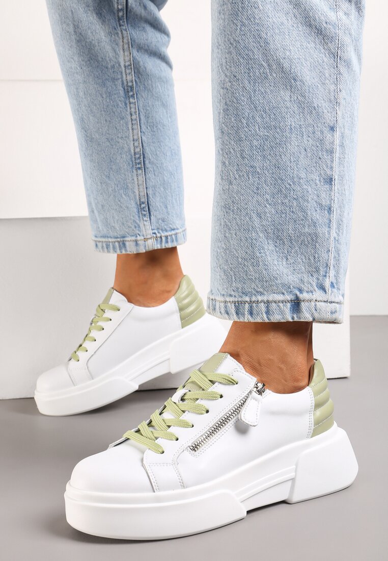 Biało-Zielone Sneakersy ze Skóry Naturalnej na Platformie Ozdobione Suwakiem Jugeria
