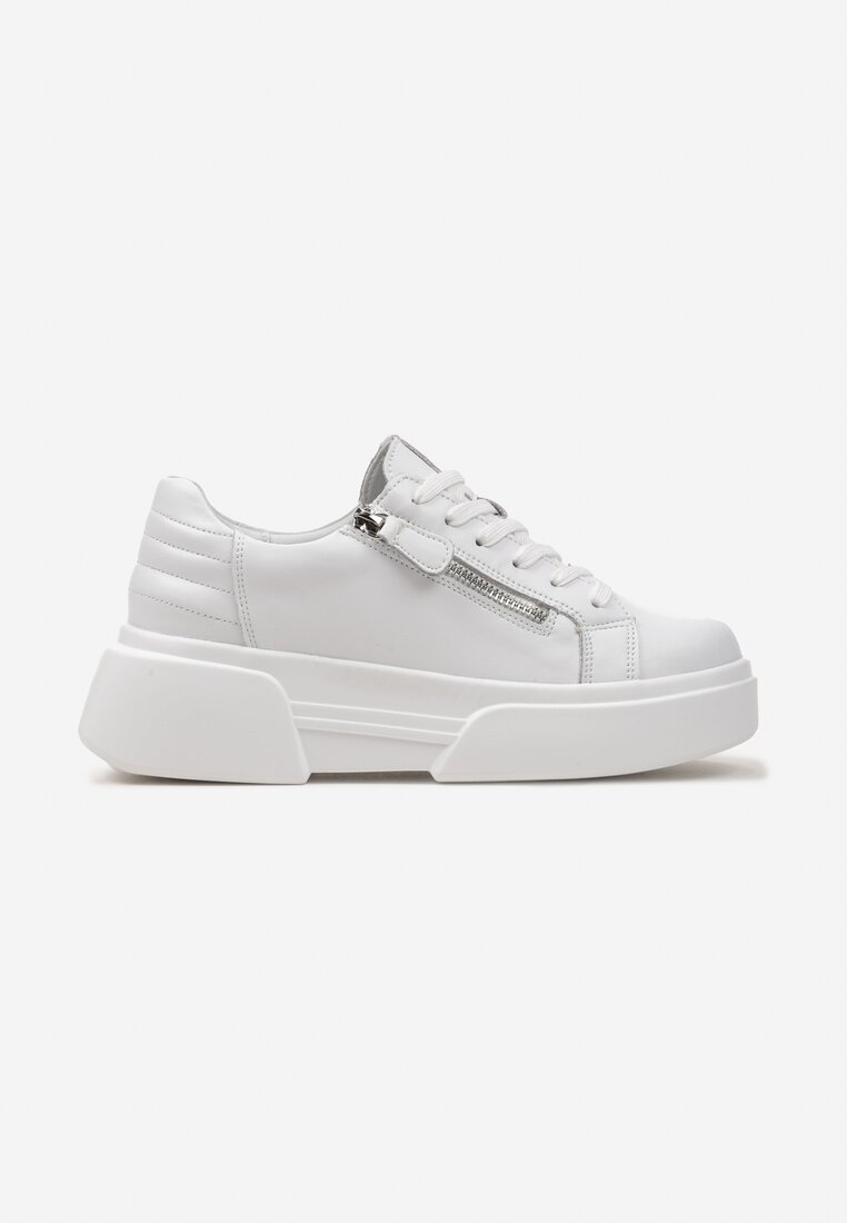 Białe Sneakersy ze Skóry Naturalnej na Platformie Ozdobione Suwakiem Jugeria