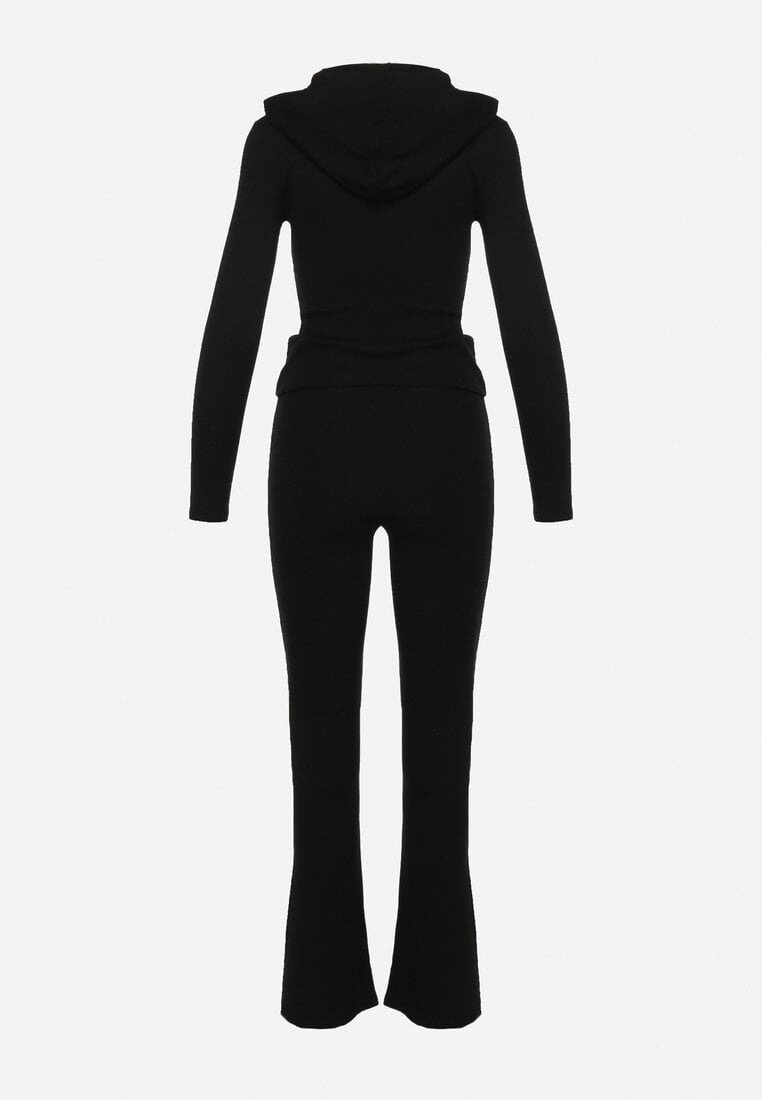 Czarny Komplet Dresowy z Prążkowanej Bawełny Krótka Bluza z Kapturem i Spodnie Dzwony Jukolla