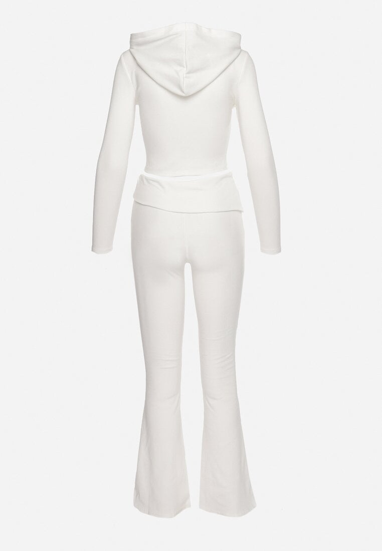 Biały Komplet Dresowy z Prążkowanej Bawełny Krótka Bluza z Kapturem i Spodnie Dzwony Jukolla